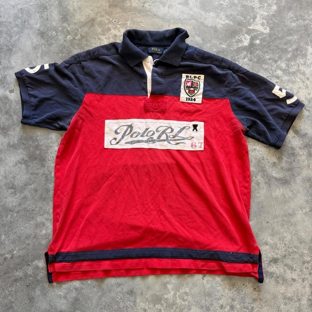 Polo Ralph Lauren RLPC Rugby Shirt Red Navy Large Tall LT 67 Crest Graphic Vtg